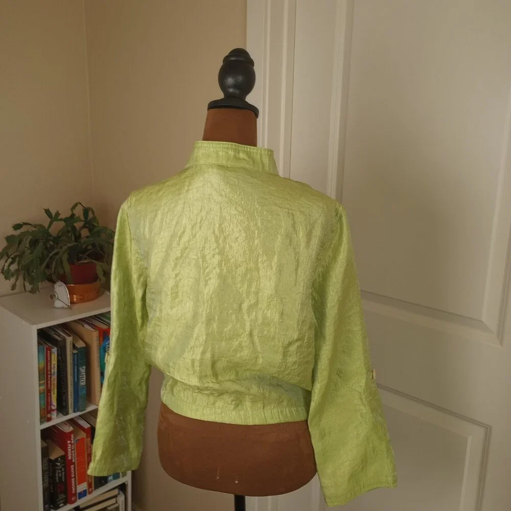 90s Lime Green Boho Whimsygoth Crinkle Jacket Rayon Blend Button Front Linear - Picture 6 of 7